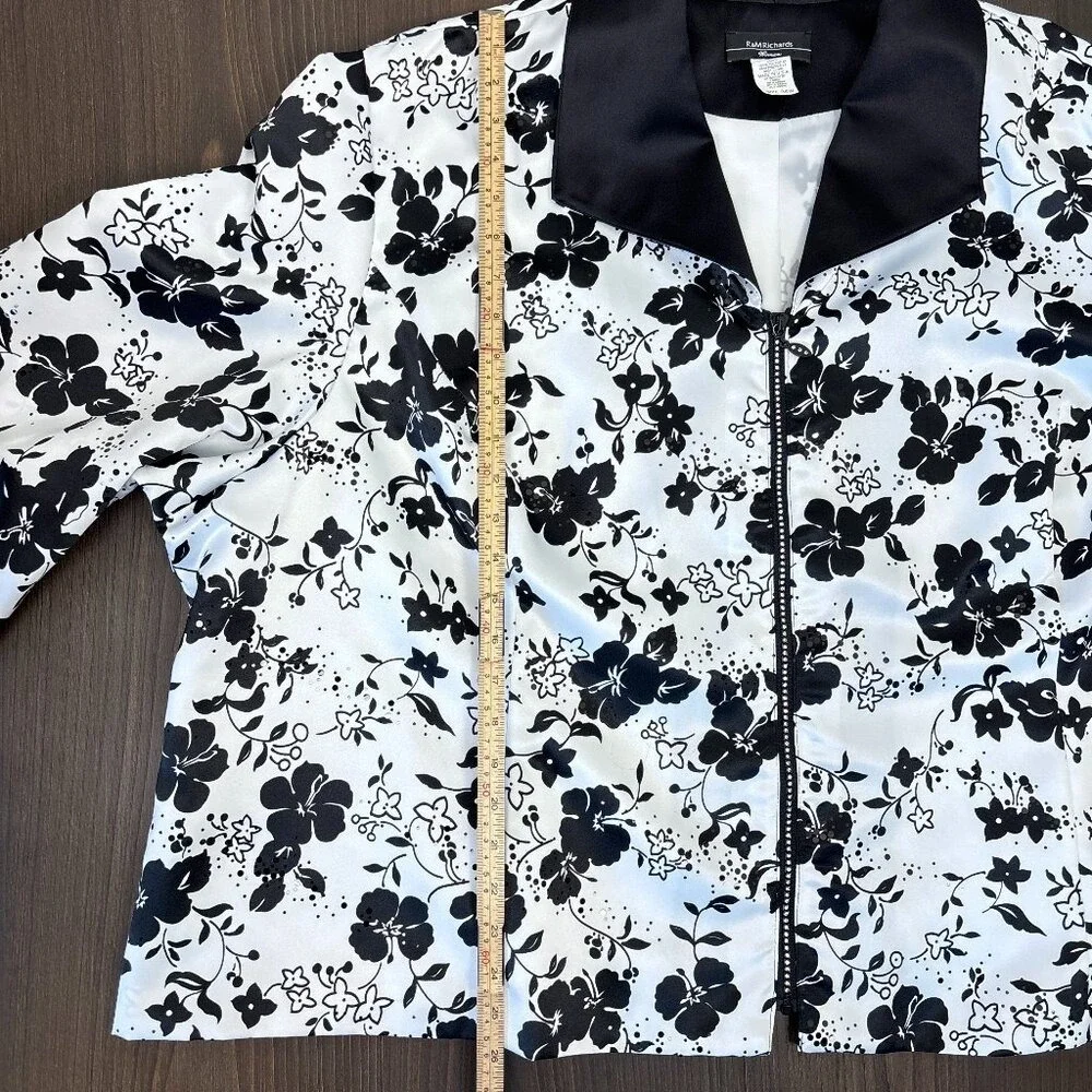 R&M Richards Woman Jacket 34W Black White Floral Zip-Up Sequins Special Occasion